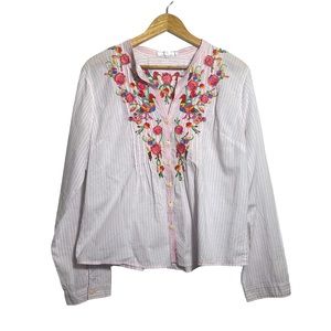 Johnny Was Pink Floral Embroidered Button Down Shirt